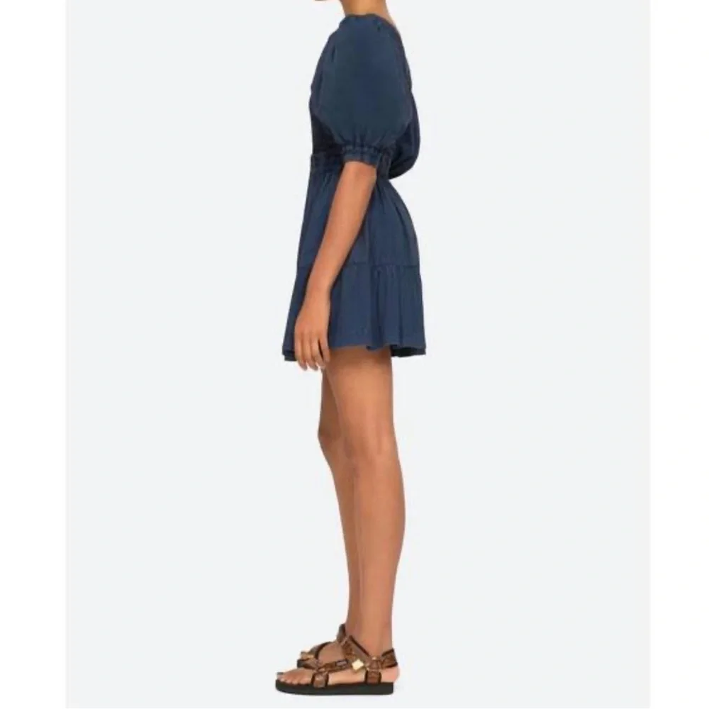 SEA NEW YORK New York Navy Blue Smocked Mini Dress Puff Sleeve 100% Cotton‎ Sz 8